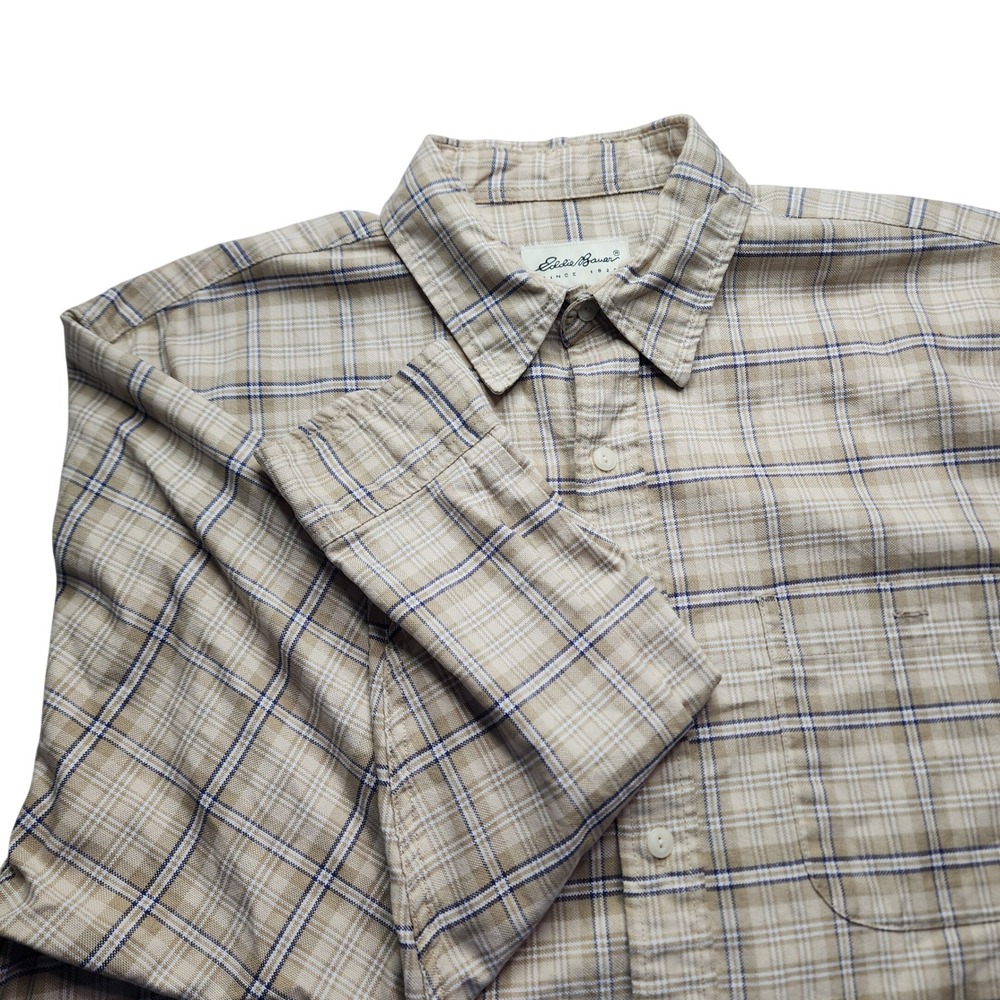 Eddie Bauer Mens Plaid Long Sleeve Button Up Shirt L G Tan‎ Blue Casual